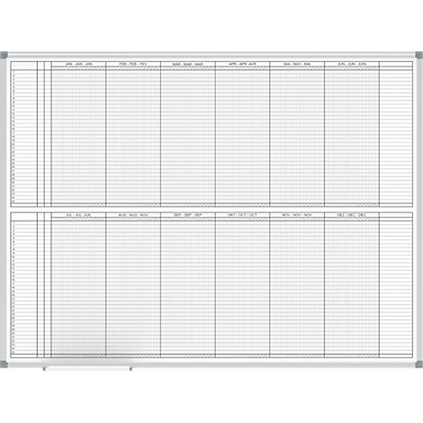 White, writable whiteboard with grid for monthly planning. The months are printed above the columns. A gray frame surrounds the board.