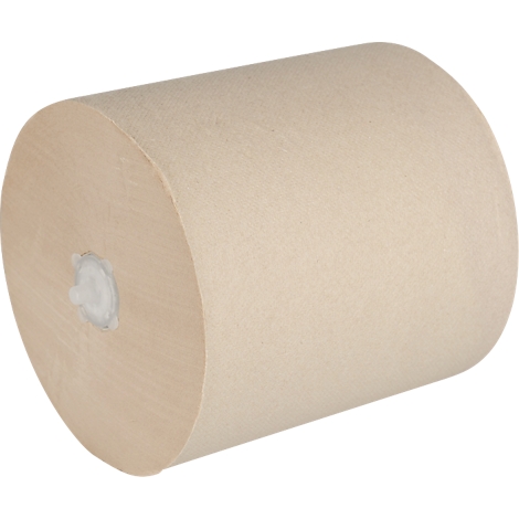 Rolle Papierhandtücher in Beige, aus der Mitte gewickelt.