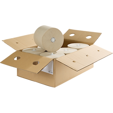 Karton mit Papierhandtuchrollen. Eine Rolle liegt auf mehreren flachen Scheiben, die ebenfalls Papierhandtücher sind.