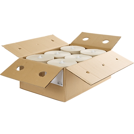 Geöffnete Pappschachtel mit runden, weißen Kerzen. Deckel mit Löchern. Hellbrauner Karton.