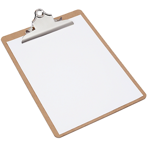 Clipboard with brown frame and silver clip, blank white sheet.