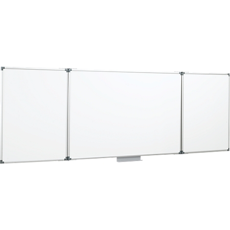 Three-part white magnetic board with silver frames. A shelf for pens is in the middle at the bottom.