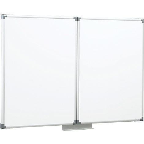 Large, blank whiteboard divided into two sections. Silver-colored frame and corners, with a shelf at the bottom.