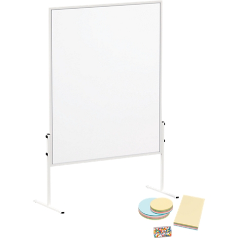 White whiteboard with a white frame on a white stand. Next to it are notepads, paper and colorful markers.
