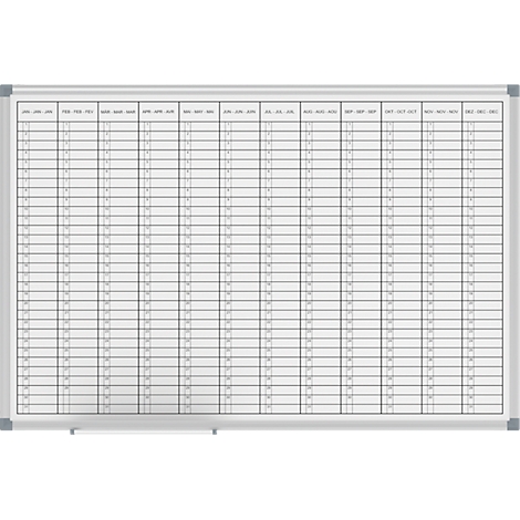 Whiteboard with a grey frame. The whiteboard is divided into months and columns to represent an annual plan.