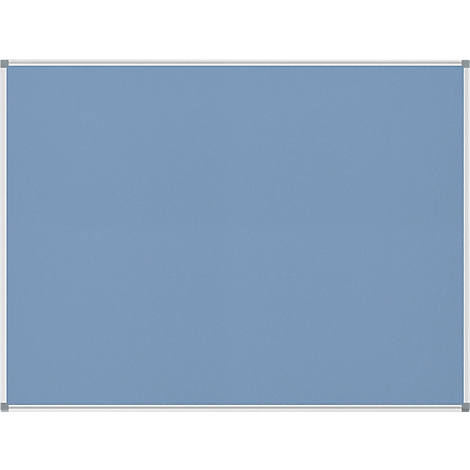 Rectangular, light blue notice board with a silver frame.