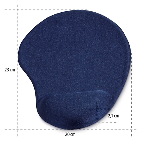 Blaues ergonomisches Mauspad. Maße: 23cm hoch, 20cm breit, Handauflage 2,1cm.