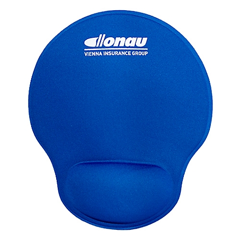Blaues Mauspads mit Handgelenkauflage und Logo der Vienna Insurance Group.