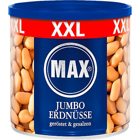 Une boîte de cacahuètes géantes avec un couvercle bleu, en dessous duquel se trouve l'inscription rouge "XXL". La boîte présente le logo "MAX", avec "Cacahuètes Jumbo, grillées & salées" en dessous.