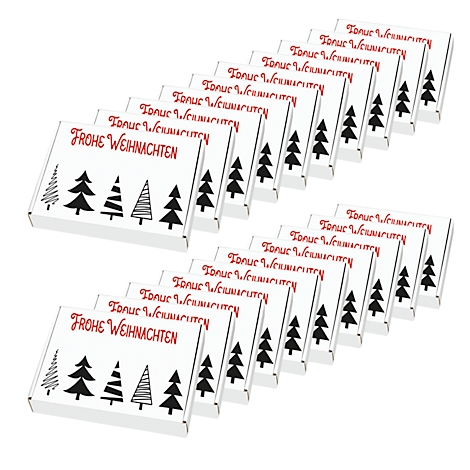 Witte dozen met rode tekst 'Frohe Weihnachten' (Vrolijk Kerstfeest) en kerstboomillustraties, gerangschikt in rijen.