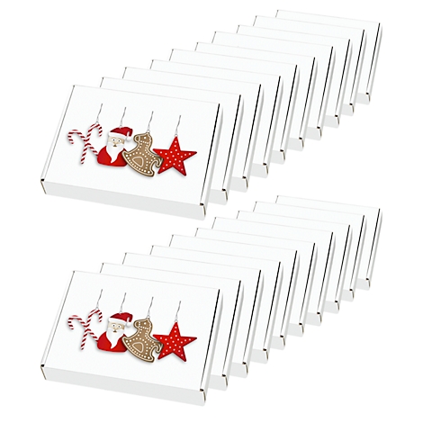 Witte doos met kerstversiering: zuurstok, kerstman, peperkoekman en ster.