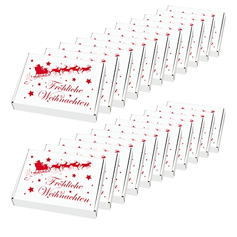 Witte cadeaudozen met een rood kerstmotief en de tekst 'Vrolijk Kerstfeest'.