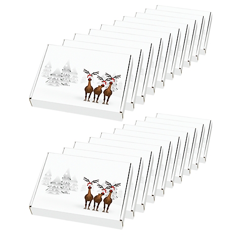 Talloze witte dozen. Op elke doos staan rendieren met rode strikken afgebeeld op een winterse achtergrond.