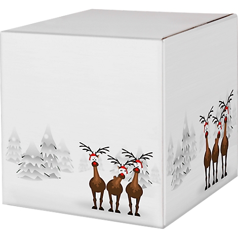 Witte kubus met een winterthema. Er staan rendieren met kerstmutsen afgebeeld, omringd door besneeuwde bomen.