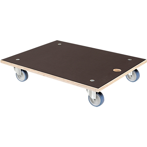 Black dolly with four wheels, wood look. A round hole and four screws are recessed in the plate.