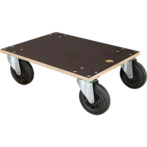 Black transport plate with four wheels. The plate is rectangular with a dark surface and lighter sides. The wheels are black with a metal frame.