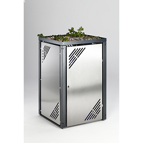 Square metal planter with plants on top, and diagonal ventilation slots.