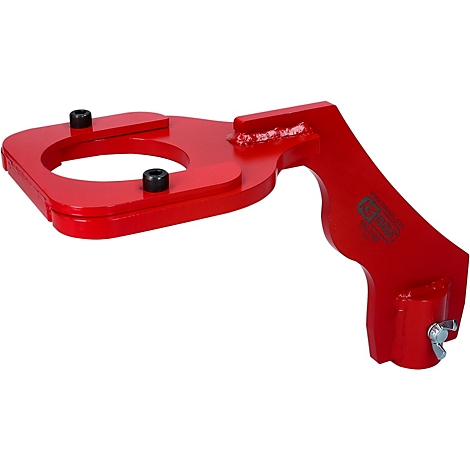 Rotes Werkzeug mit ovaler Öffnung, zwei Schrauben und Griff.