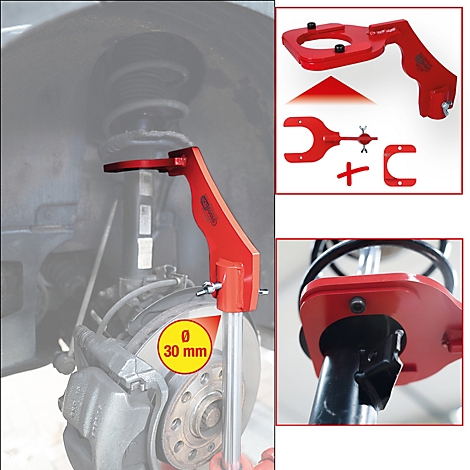 Rotes Werkzeug zur Fahrwerksreparatur, montiert an einem Fahrzeug. Detaillierte Ansichten zeigen das Werkzeug und Komponenten.