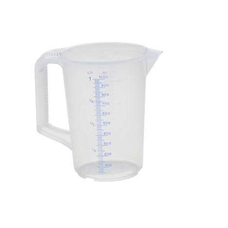 Transparent measuring jug with handle, blue scale and spout. Measurement markings in ml and liters.