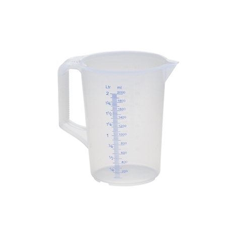 Transparent measuring jug with handle and measuring scale, blue lettering.