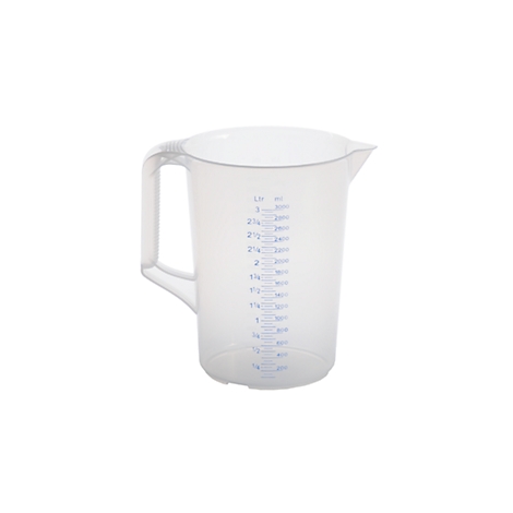 Clear measuring jug with handle and blue measuring scale. On a white background.