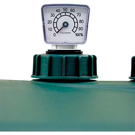 Close-up of a green container with a level indicator: dial from 0 to 100%, the needle shows approx. 15%