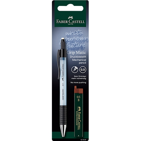 A Faber-Castell Grip Matic mechanical pencil with a 0.5 mm lead and a pack of replacement leads. The pen is black-blue and pictured on a black cardboard card.