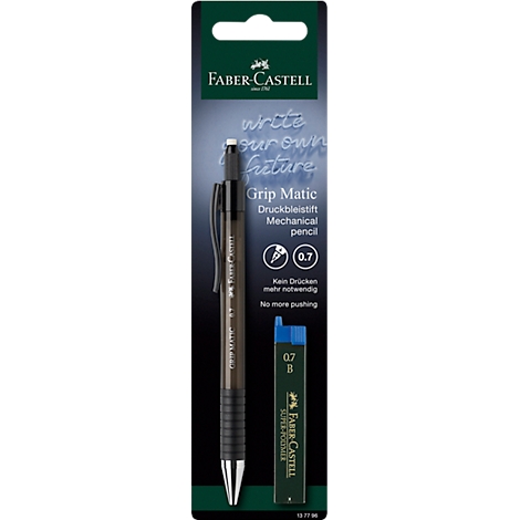 Faber-Castell Grip Matic mechanical pencil, black pen with replacement leads, "Grip Matic" lettering, 0.7, 0.7 B.