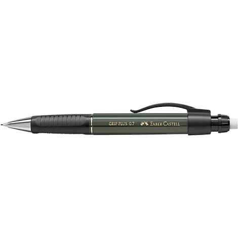 A dark green mechanical pencil with black details and the inscription Grip Plus 0.7 Faber Castell.