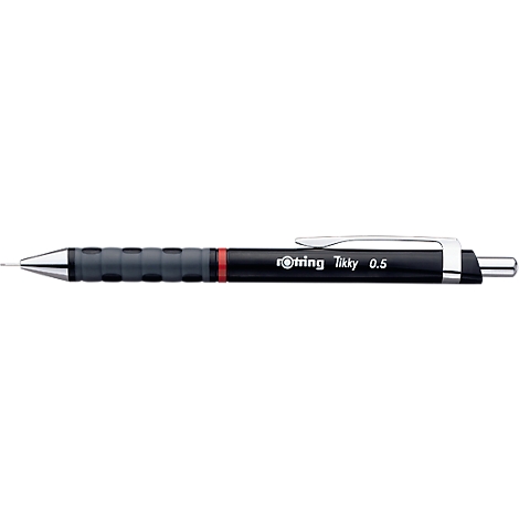 Black mechanical pencil, Rotring Tikky 0.5 brand with red ring and silver clip.
