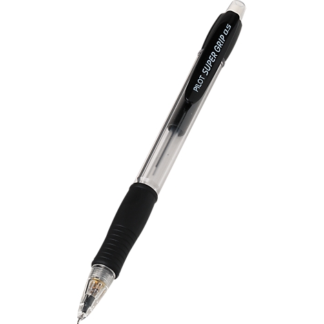Black mechanical pencil with a transparent body and black grip. Reads "PILOT SUPER GRIP 0.5".