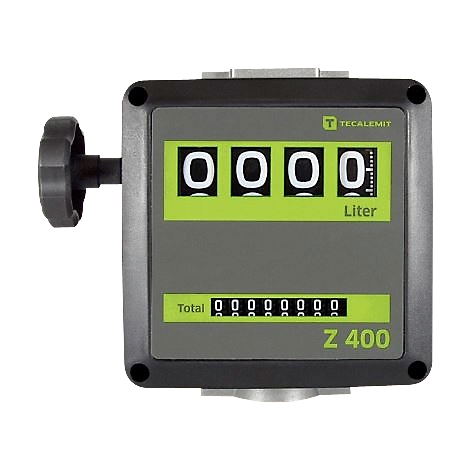 Gray measuring device with green display. 4 white digits at the top, below "Liter". Below "Total" and more digits.