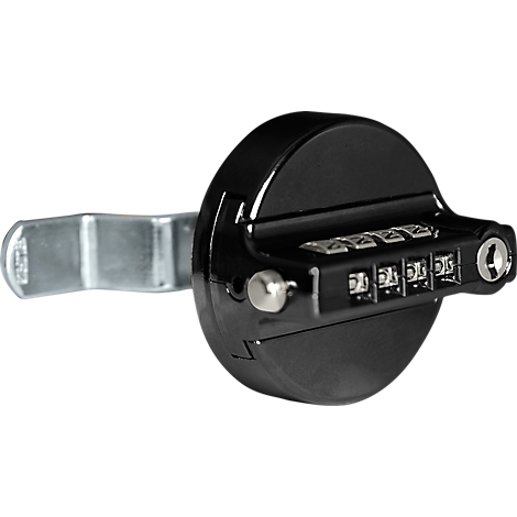 Zwart hangslot met cijferslot en zilveren beugel, close-up.
