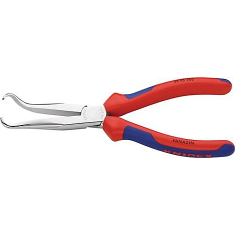 Gebogen tang met rode en blauwe handvatten. De kop van de tang is zilverkleurig en de handvatten dragen de opschriften "Vanadium" en "KNIPEX".