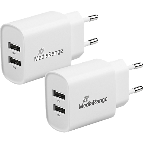 Twee witte USB-laders met stekkers. Inscriptie MediaRange. Twee USB-poorten elk.