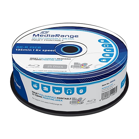 Stapel Blu-ray-Rohlinge in einer Verpackung. Das Etikett zeigt Markennamen, technische Daten und das Logo fÃ¼r beschreibbare Medien.