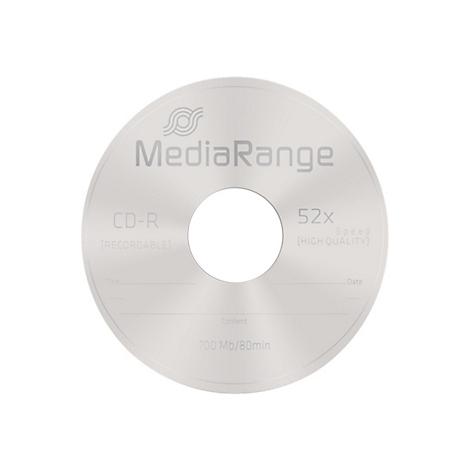 Silberne CD-R mit Aufdruck 'MediaRange', 'CD-R', 52x. Oberhalb des Lochs ein Logo. Unten: 700 Mb/80min.