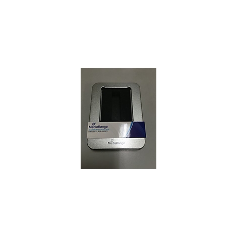 Silberne Metallbox mit Aufkleber. Auf dem Aufkleber steht 'MediaRange' und 'ALUMINIUM STORAGE BOX FOR USB FLASH DRIVES'.
