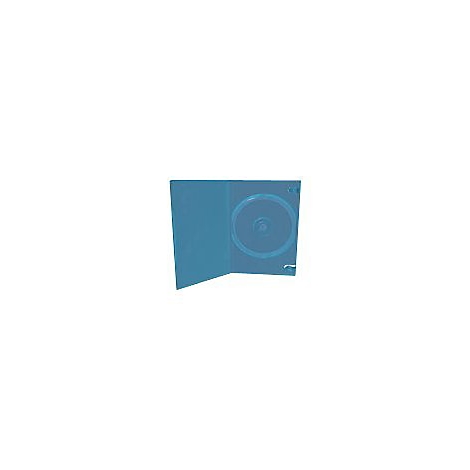Eine geöffnete, leere blaue DVD-Hülle vor weißem Hintergrund.