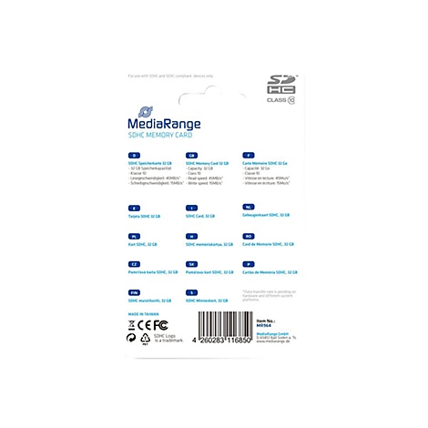 Dos d'une carte mÃ©moire SDHC MediaRange. Des informations sur la capacitÃ© de la mÃ©moire, la vitesse et d'autres caractÃ©ristiques sont imprimÃ©es.