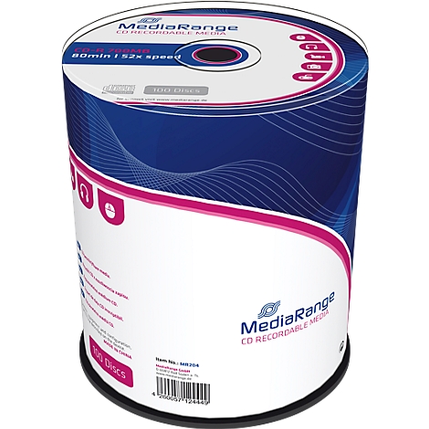 A stack of MediaRange CD-Rs. Inscription: 80min, 52x speed, and 100 discs. The packaging is white, blue, and pink.