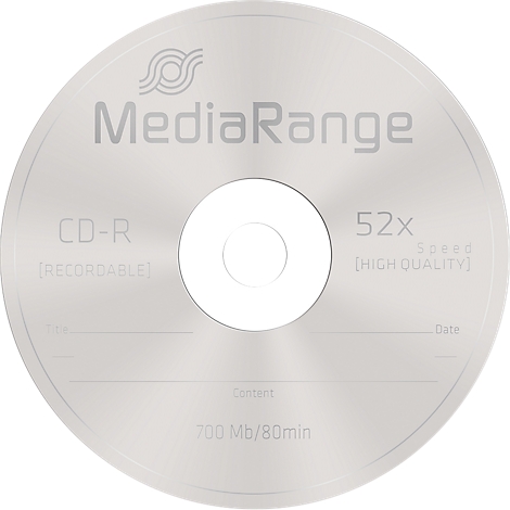Silver CD-R from MediaRange, with print: CD-R, 52x, 700 MB/80min.