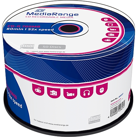 A package of MediaRange CDs, white with blue and pink design. Inscription: CD-R 700MB, 80min, 52x speed.