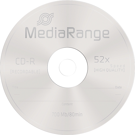 Silver MediaRange CD-R with "CD-R", "52x", "700 Mb/80min" text.
