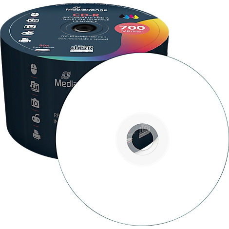 Eine Packung CD-Rs, eine liegt daneben. Auf der Packung steht "CD-R", "MediaRange" und Angaben zur Kapazität.