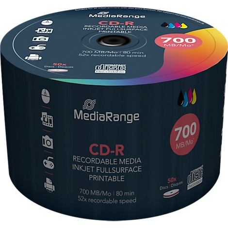 Ein Turm aus CD-Rs der Marke MediaRange. Aufdruck: CD-R, 700 MB/80 Min. Aufdrucke in Blau, Gelb, Magenta und Cyan.