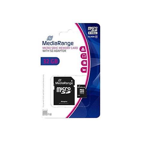 Verpackung einer MediaRange Micro SDHC Speicherkarte mit SD-Adapter, 32 GB.
