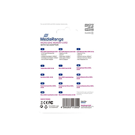 RÃ¼ckseite einer Micro SDHC Speicherkarte mit Produktinformationen, Logos und Barcode.
