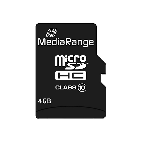 Schwarze microSDHC-Karte mit weißer Schrift: 'MediaRange', 'micro SD HC', 'CLASS 10' und '4GB'.